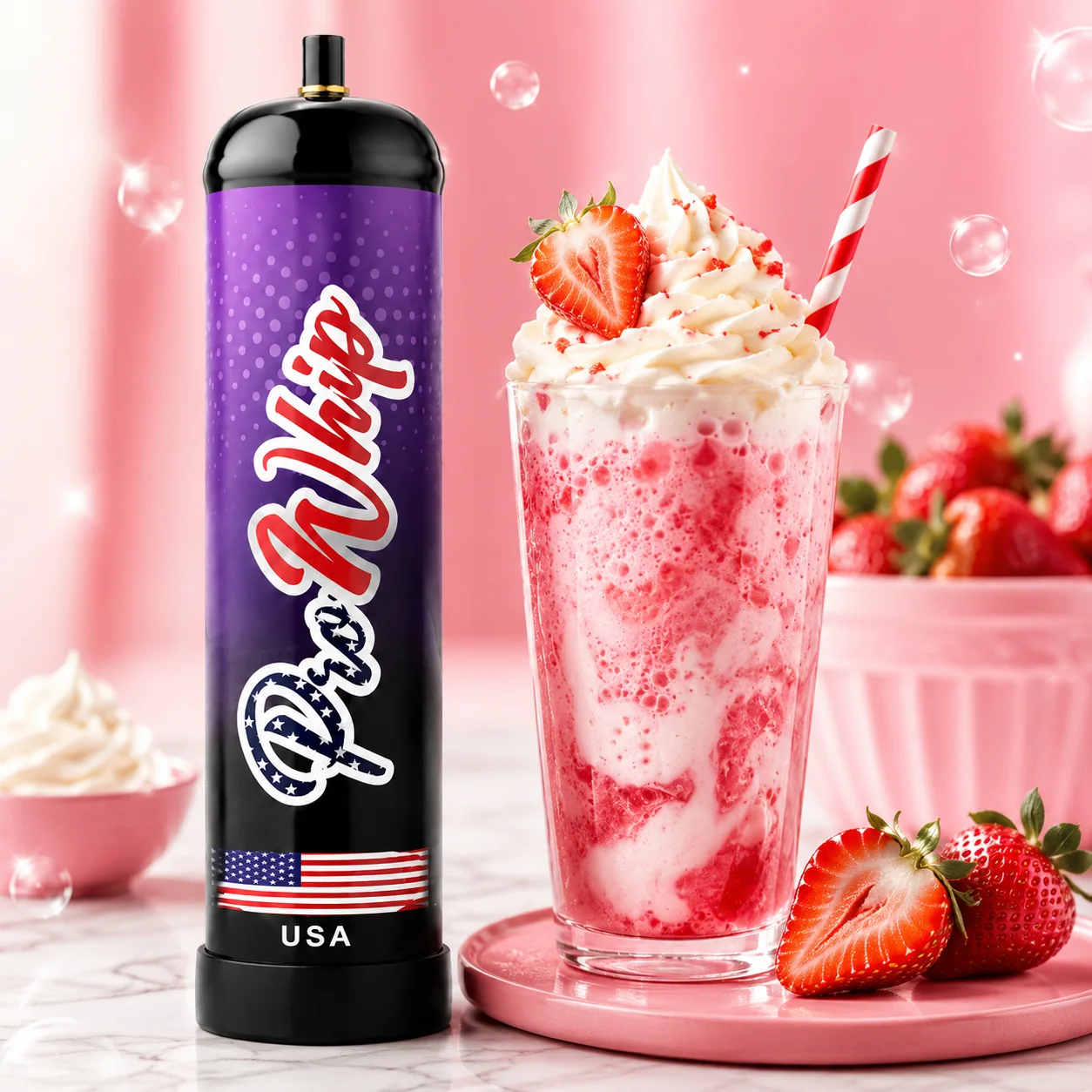 Strawberry cream drink beside a ProWhip canister