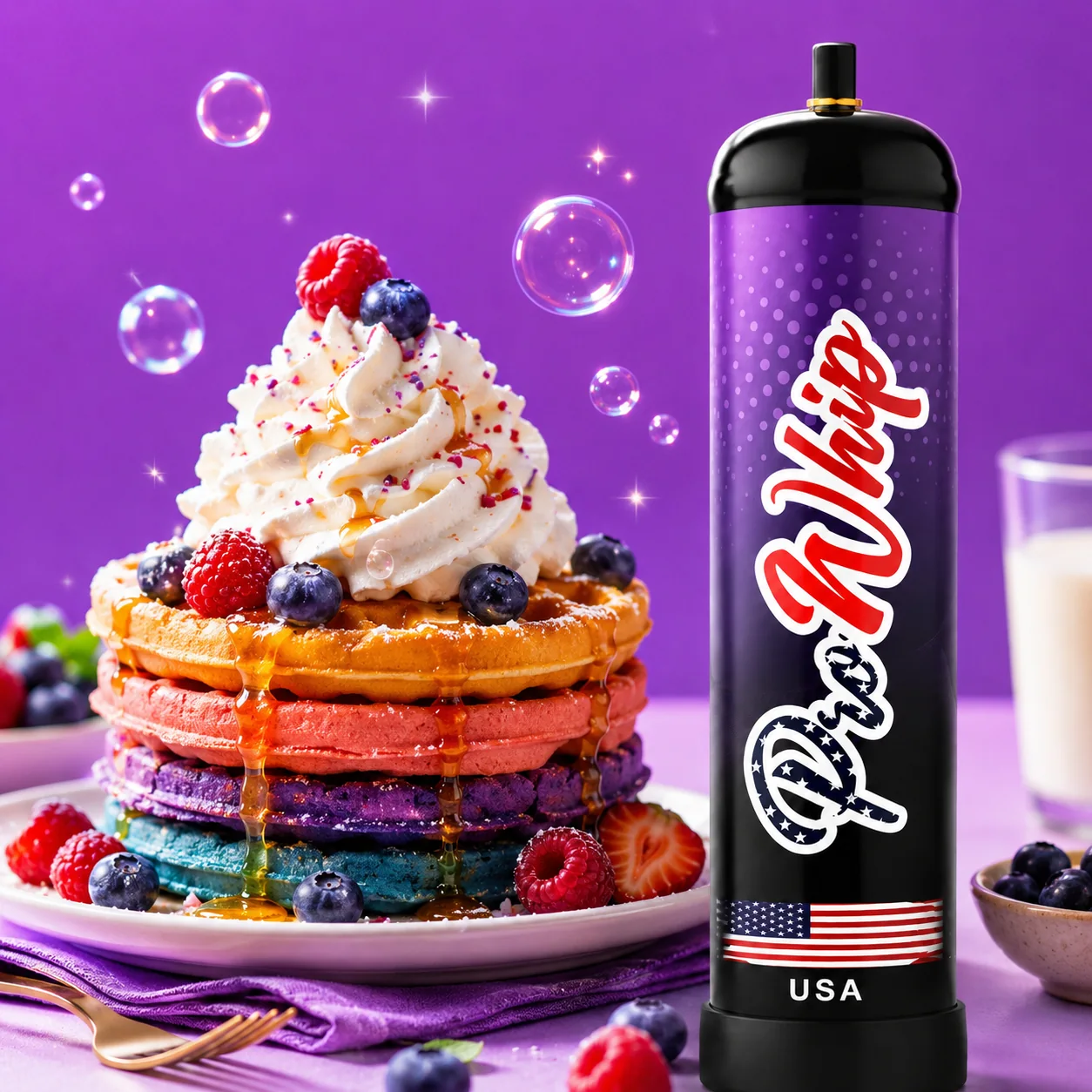 Bright breakfast topped with fruit and cream beside a ProWhip canister