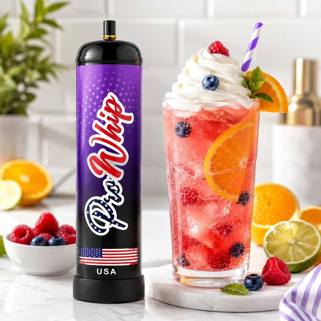 Sparkling berry and citrus drink beside a ProWhip canister