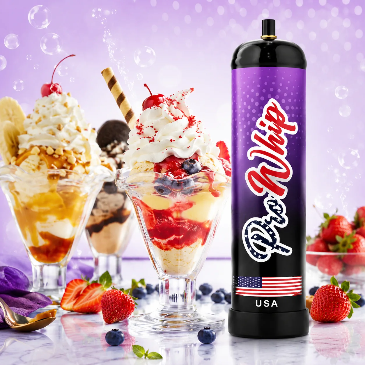Colourful sundaes beside a ProWhip canister