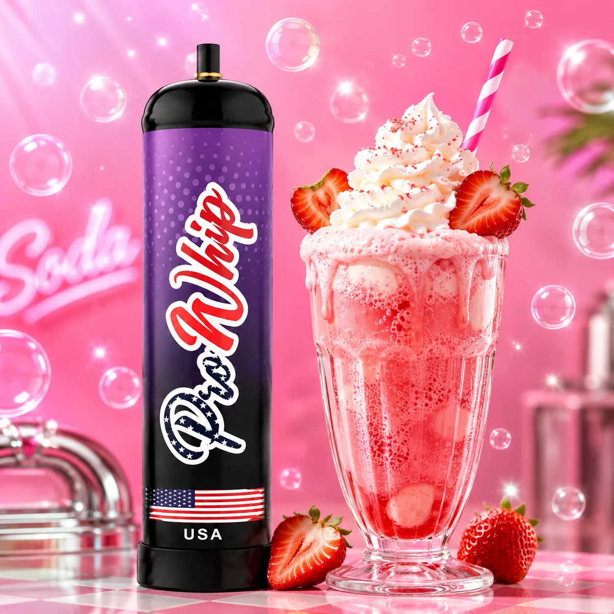 ProWhip canister beside a strawberry cream drink