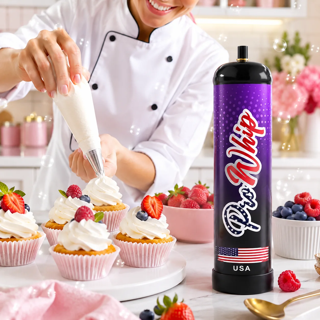 Chef decorating cupcakes beside a ProWhip canister