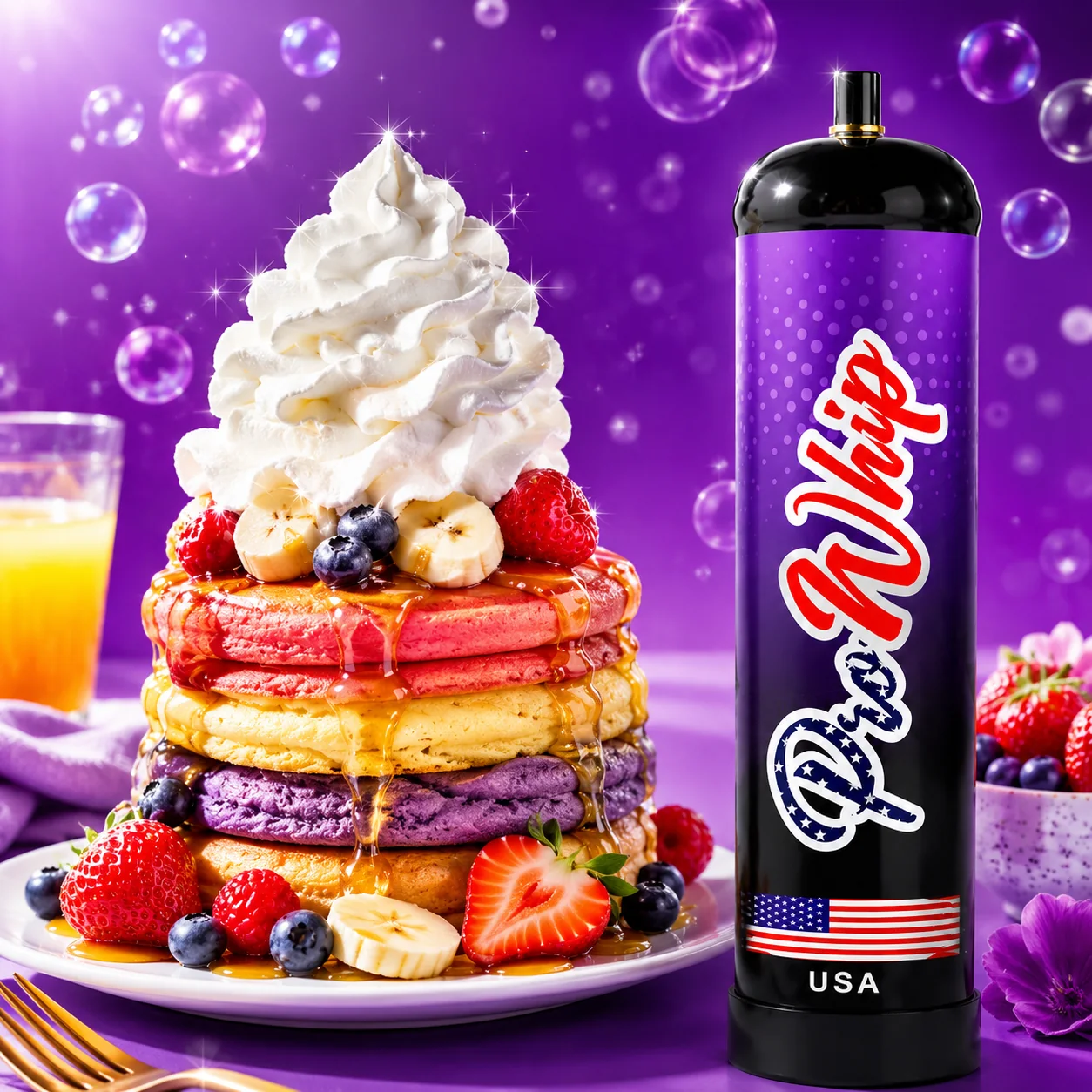Colourful pancakes with fruit and whipped cream beside a ProWhip canister